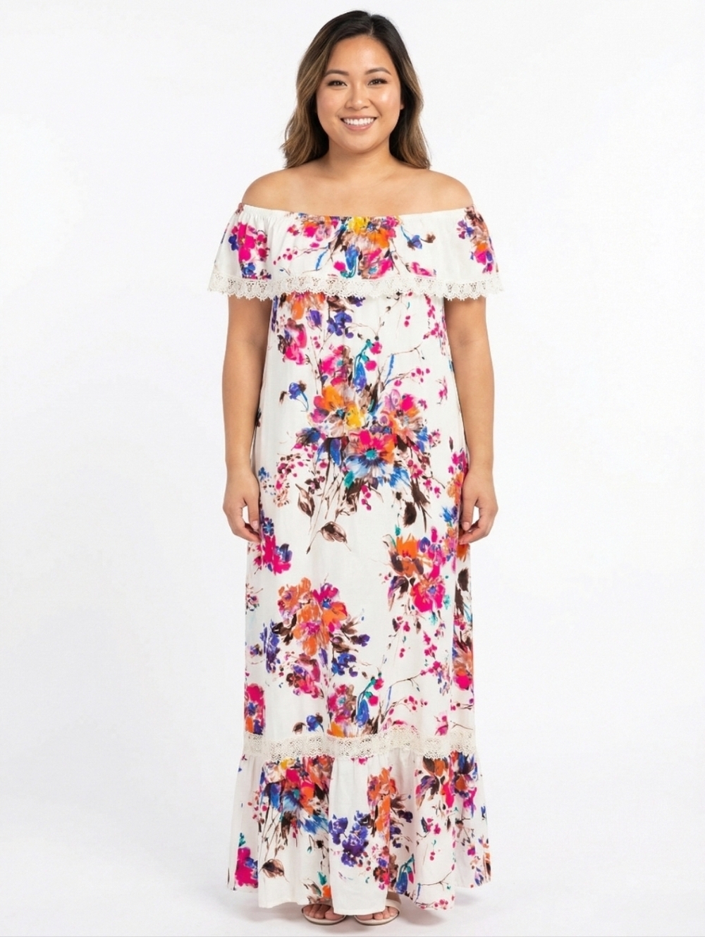 UMGEE WATERCOLOR LACE TRIM MAXI DRESS SZ L